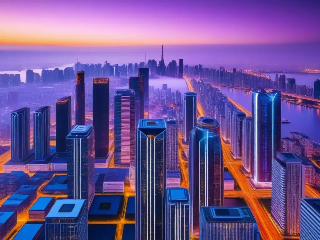 Metrópolis futurista: Integración de blockchain en la planificación urbana Una ciudad futurista con rascacielos brillantes conectados por caminos digitales iluminados, reflejando el papel de Blockchain en planificación urbana