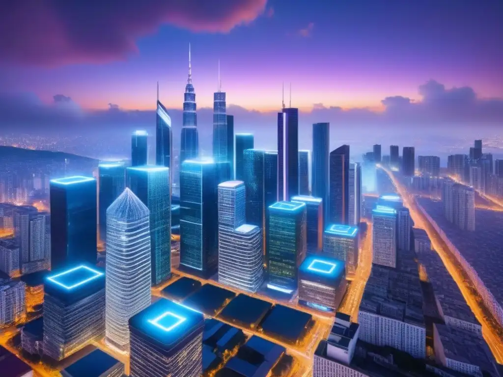 Metrópolis futurista: la revolución digital en transacciones inmobiliarias Una ciudad futurista con rascacielos brillantes interconectados por redes digitales, mostrando la integración de la tecnología blockchain en transacciones inmobiliarias
