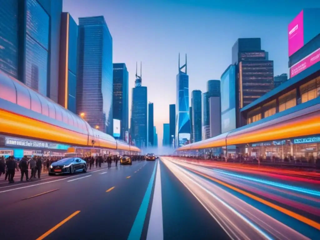 Innovación inmobiliaria: ciudad futurista con IA Una ciudad futurista al anochecer con rascacielos brillantes, calles iluminadas y tecnología AI mostrando datos inmobiliarios
