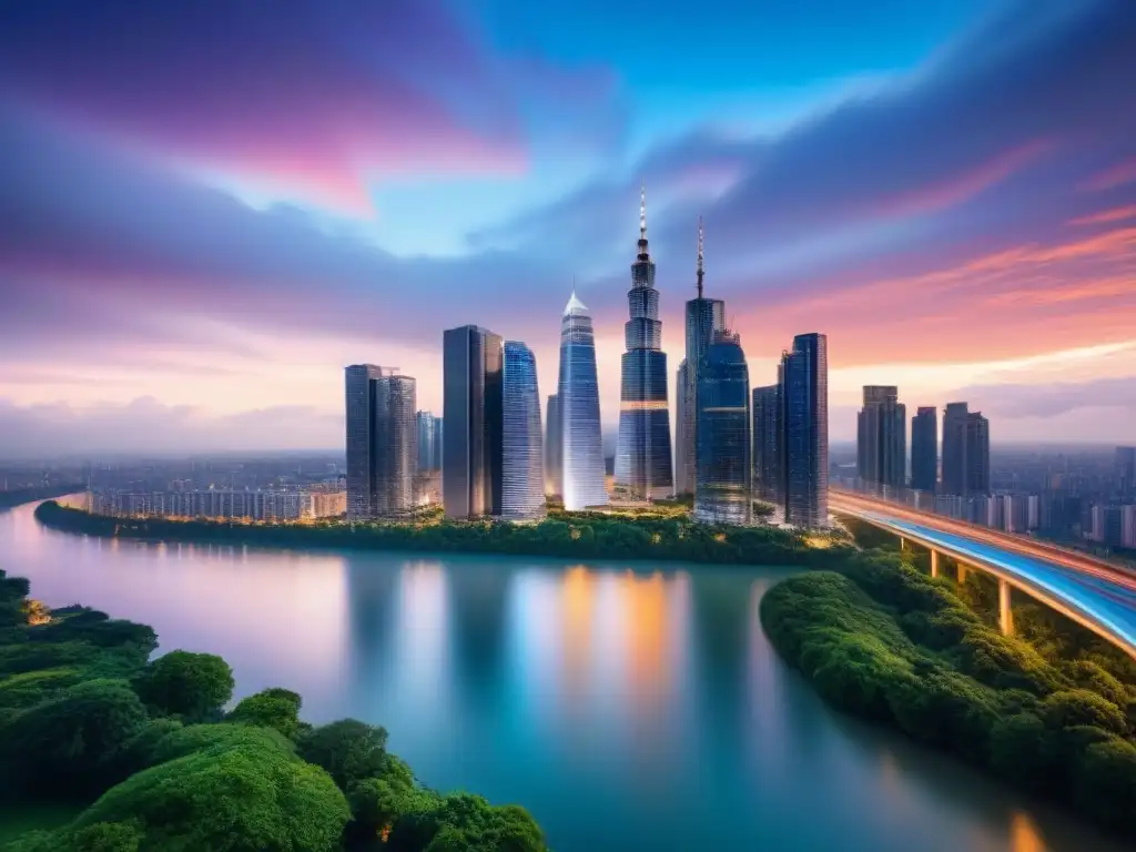 Metrópolis futurista al atardecer: un oasis de innovación y armonía urbana Una ciudad futurista al anochecer, con rascacielos brillantes reflejando en un río tranquilo