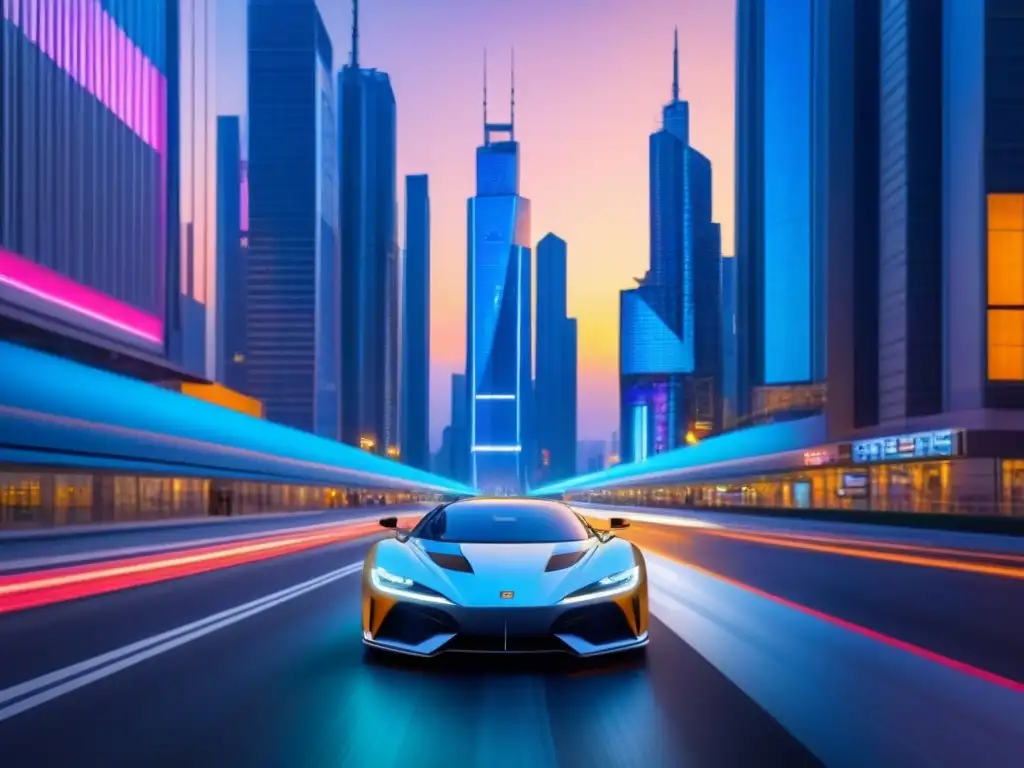 Metrópolis futurista: luces neón y tecnología revolucionaria en REITs Una ciudad futurista al anochecer, con rascacielos brillantes, luces neón y autos voladores, representando la transformación tecnológica en REITs