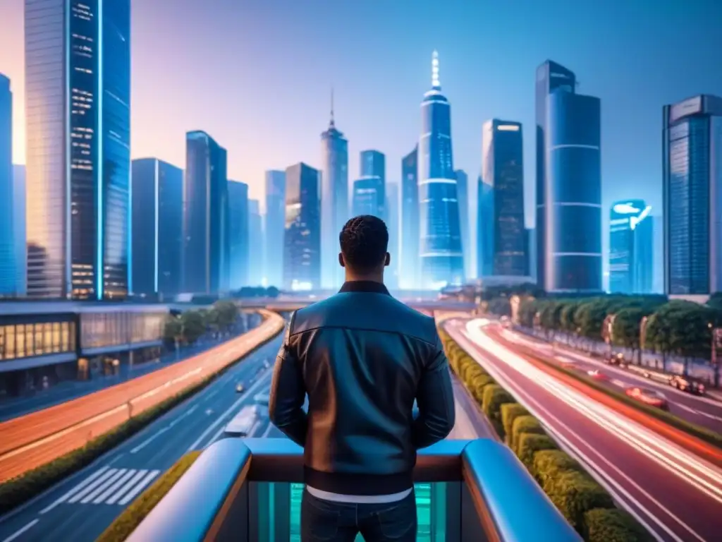 Innovación y oportunidad en metrópolis futurista Una ciudad futurista al anochecer, con rascacielos brillantes y arquitectura de vanguardia