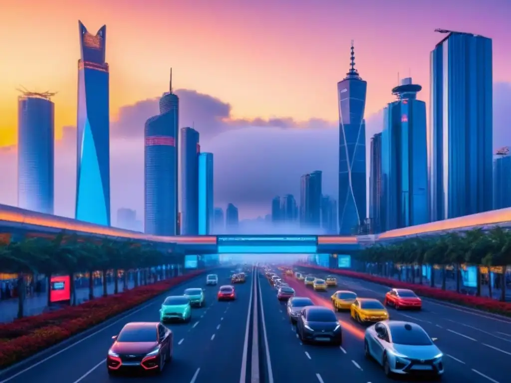 Metrópolis futurista: alquiler vacacional en la era digital Una ciudad futurista al anochecer, con rascacielos brillantes reflejando un cielo vibrante