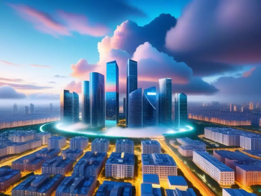 Metrópolis futurista: integración de la nube en bienes raíces Una ciudad futurista con rascacielos conectados simbolizando la integración de plataformas en la nube en el sector inmobiliario