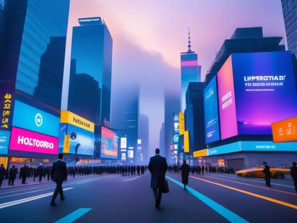 Metrópolis futurista: luces neón y arquitectura vanguardista Una ciudad futurista al anochecer, con rascacielos de cristal reflectante iluminados por luces neón