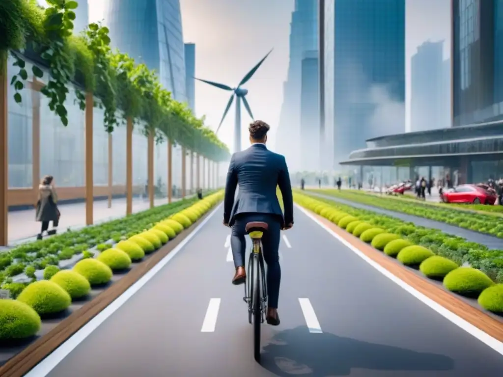 Metrópolis sostenible del futuro: armonía urbana y prácticas eco en acción Una ciudad futurista con rascacielos de cristal y acero, jardines en azoteas, autos eléctricos y arte sostenible