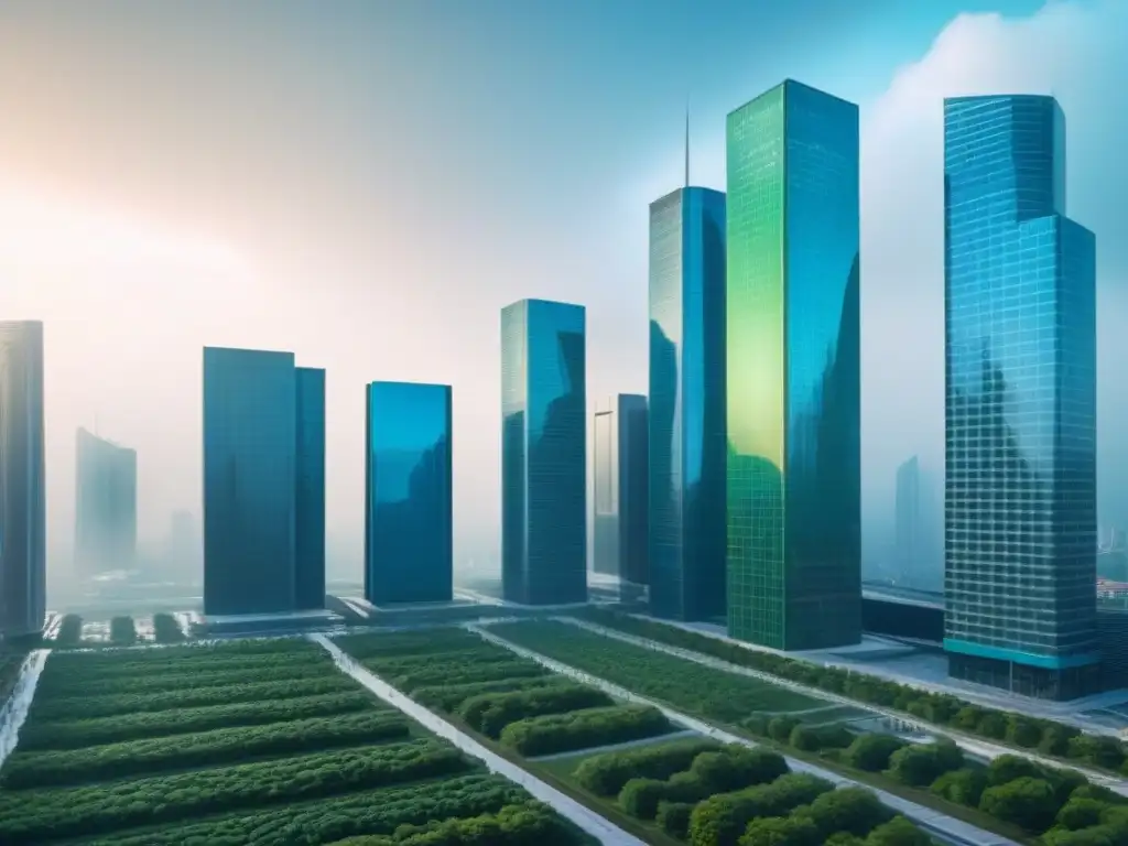 Transacciones inmobiliarias seguras y colaborativas en la ciudad del futuro Una ciudad futurista con rascacielos de cristal reflejando un patrón digital, destacando transacciones seguras en bienes raíces