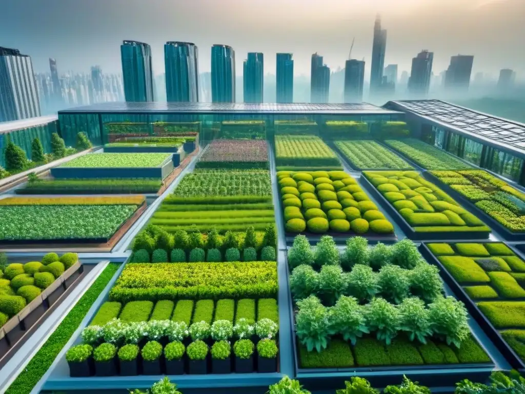 Metrópolis futurista con techos verdes integrados Ciudad futurista con rascacielos cubiertos de vegetación, mostrando techos verdes beneficios urbanos