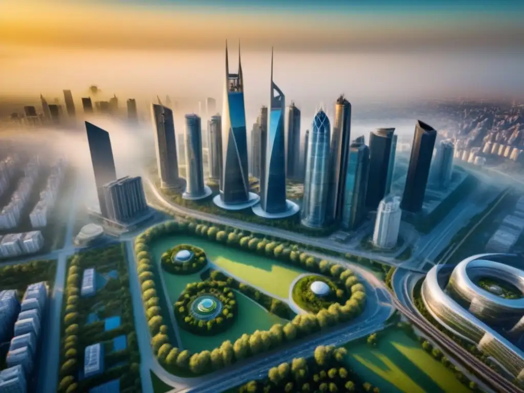 Metrópolis futurista: arquitectura innovadora y espacios verdes en armonía Una ciudad futurista con rascacielos y diseño arquitectónico innovador, refleja las tendencias de construcción inmobiliaria envejecimiento