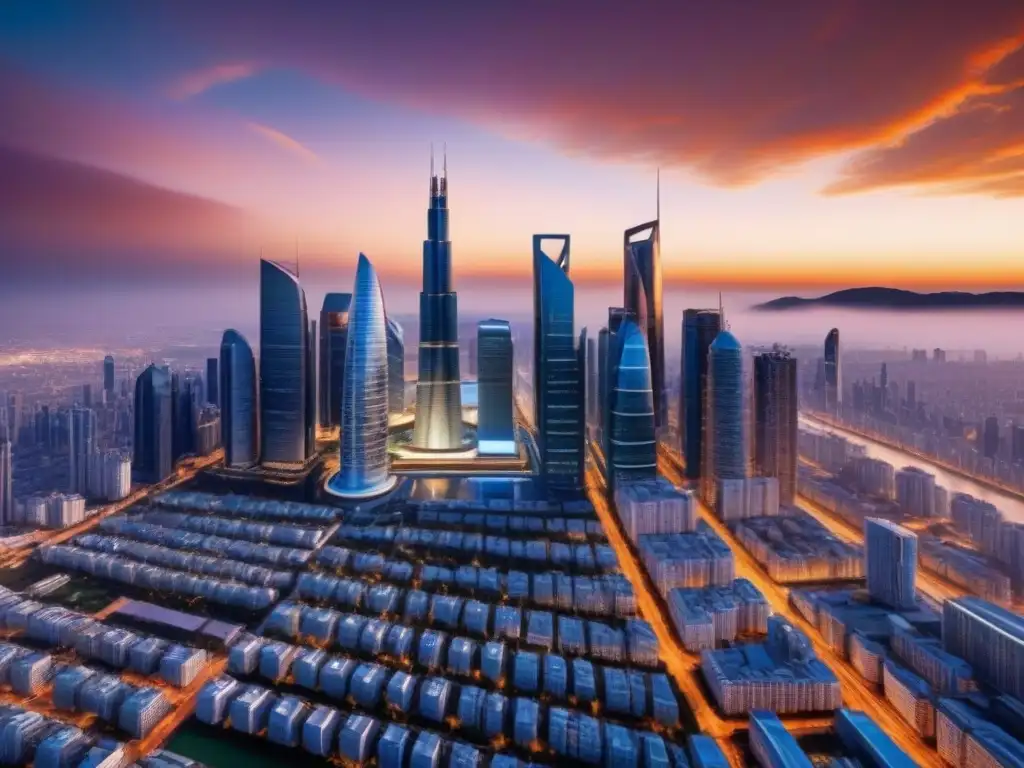 Metrópolis futurista con tecnología blockchain Una ciudad futurista con rascacielos y domos transparentes integrando tecnología blockchain