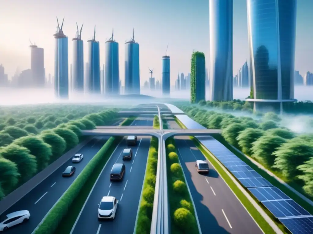 Metrópolis sustentable del futuro: armonía tech y verde Una ciudad futurista con rascacielos ecológicos, renovables y tecnología inteligente que ilustra la adaptación urbana al impacto del cambio climático