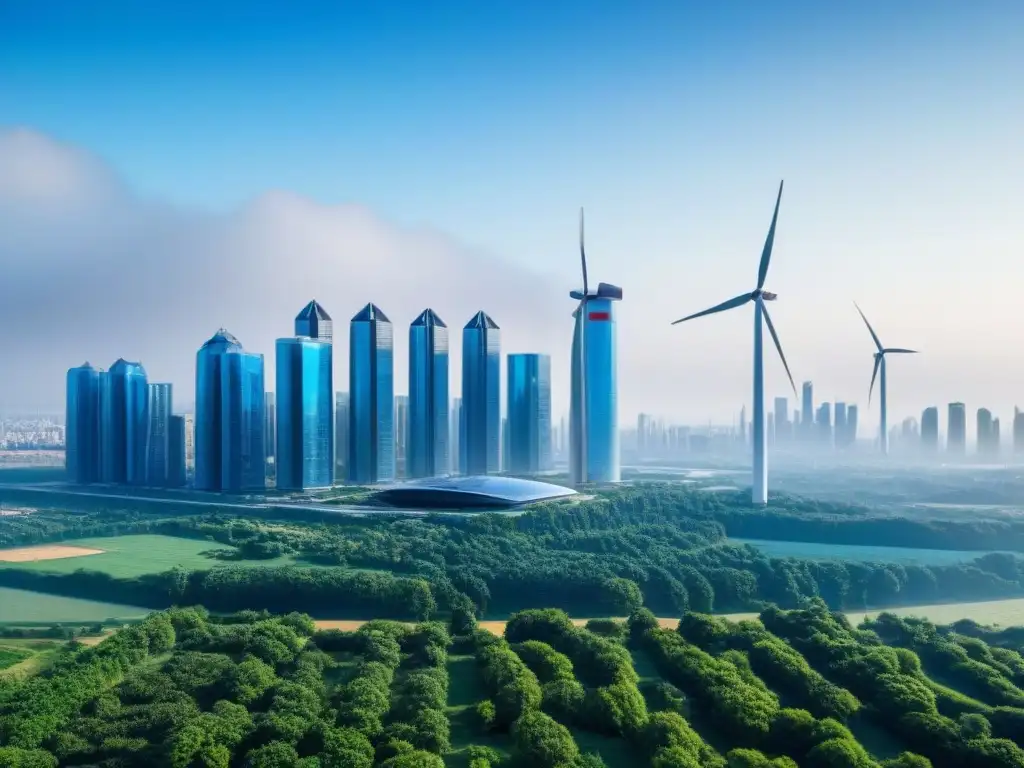 Metrópolis futurista: arquitectura eco en armonía con la naturaleza Ciudad futurista con rascacielos ecológicos, parques verdes y autos eléctricos