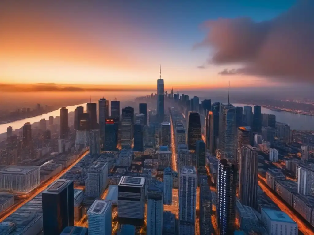 Horizonte urbano futurista con rascacielos elegantes al atardecer Una ciudad futurista con rascacielos elegantes reflejando el sol poniente, mezclando arquitectura moderna y diseño innovador