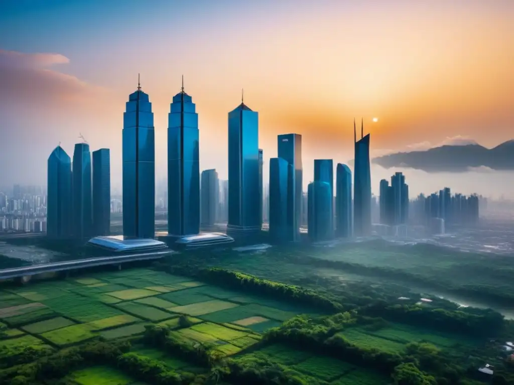 Metrópolis futurista en 8k: innovación y crecimiento en mercados emergentes Una ciudad futurista con rascacielos elegantes y vegetación exuberante, bañada por la cálida luz del atardecer