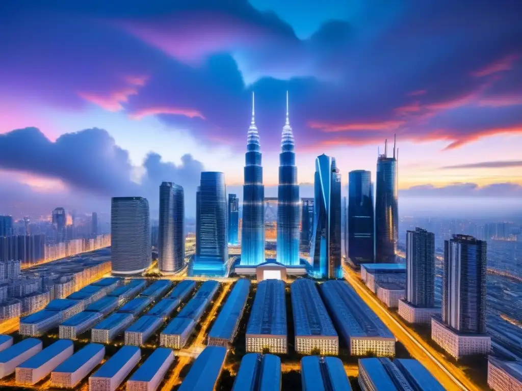 Skyline futurista con eficiencia energética y vehículos autónomos Una ciudad futurista al anochecer con rascacielos elegantes iluminados con luces LED vibrantes