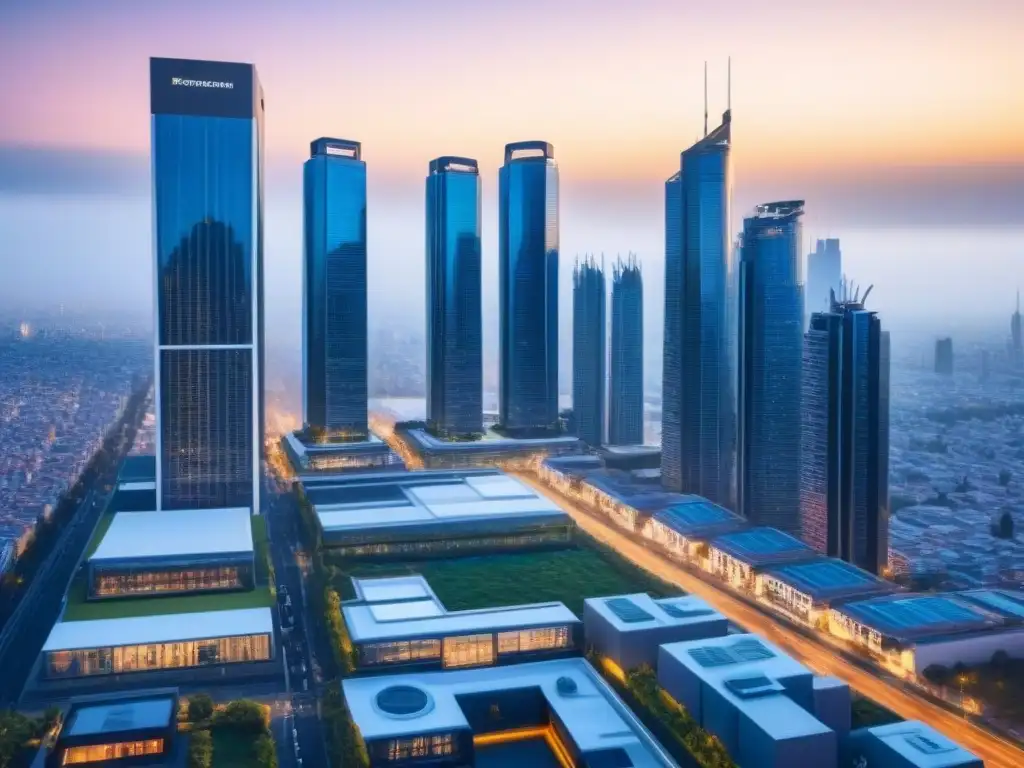 Metrópolis futurista: contratos inteligentes revolucionan el mercado inmobiliario Una ciudad futurista con rascacielos elegantes y edificios transparentes, resaltando el potencial de los contratos inteligentes en inmobiliaria