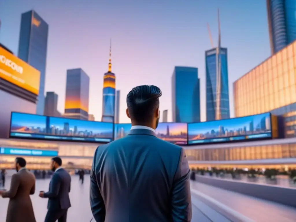 Inversión inmobiliaria global: Futurismo urbano al atardecer Una ciudad futurista al anochecer, con rascacielos elegantes iluminados y un cartel digital de bienes raíces en varios idiomas