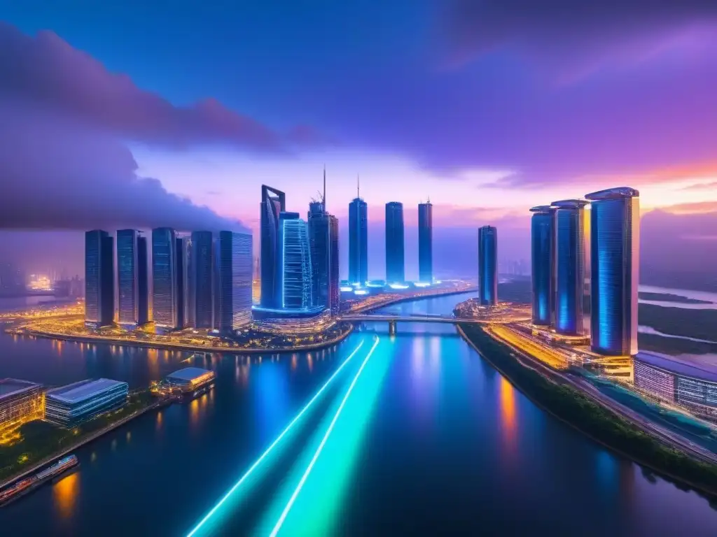 Metrópolis futurista: rascacielos y tecnología avanzada Una ciudad futurista con rascacielos elegantes iluminados por luces de neón vibrantes, reflejándose en un río cristalino debajo