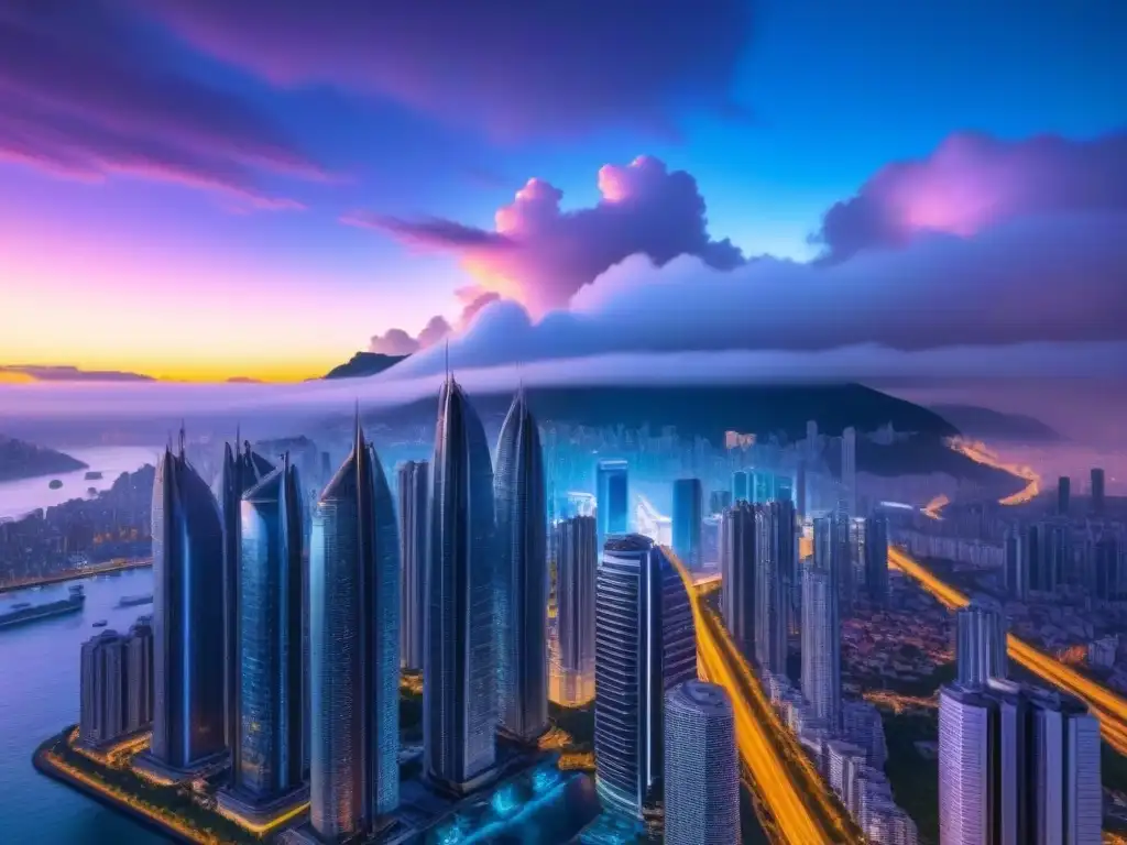 Horizonte urbano futurista: luces neón y arquitectura innovadora Una ciudad futurista al anochecer, con rascacielos elegantes y diseño arquitectónico innovador iluminados por luces de neón vibrantes