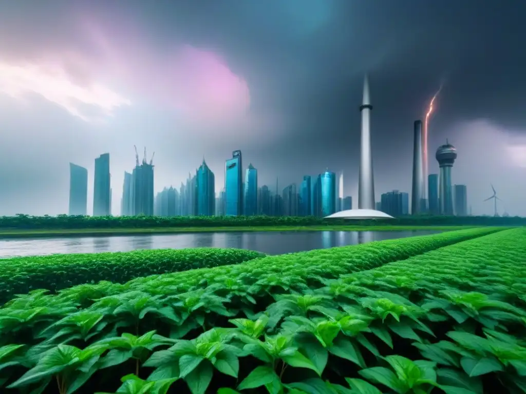 Metrópolis futurista eco-sostenible ante desafíos climáticos Una ciudad futurista con rascacielos equipados con tecnologías verdes avanzadas, rodeados de nubes de tormenta