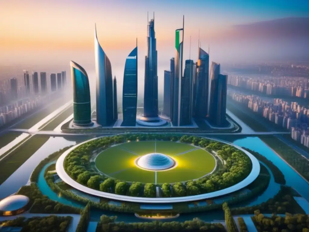 Metrópolis futurista: luces al atardecer y diseño innovador Una ciudad futurista con rascacielos y espacios verdes, iluminada por la cálida luz del atardecer