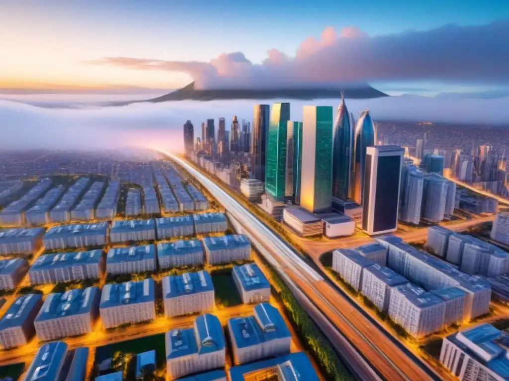 Futurista ciudad inteligente con Big Data Una ciudad futurista con rascacielos, espacios verdes, autos inteligentes y peatones, integrada con tecnología Big Data en el mercado inmobiliario