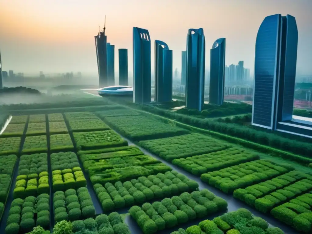 Metrópolis futurista eco-friendly: arquitectura sostenible y verde Una ciudad futurista con rascacielos integrando espacios verdes y fuentes de energía renovable, reflejando diseños arquitectónicos sostenibles influenciados por normativas ambientales construcción inmobiliaria