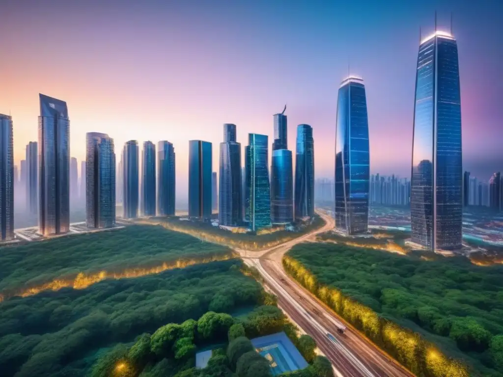 Futurismo inmobiliario: ciudad inteligente y vegana en 8k Una ciudad futurista con rascacielos y herramientas digitales mercado inmobiliario internacional