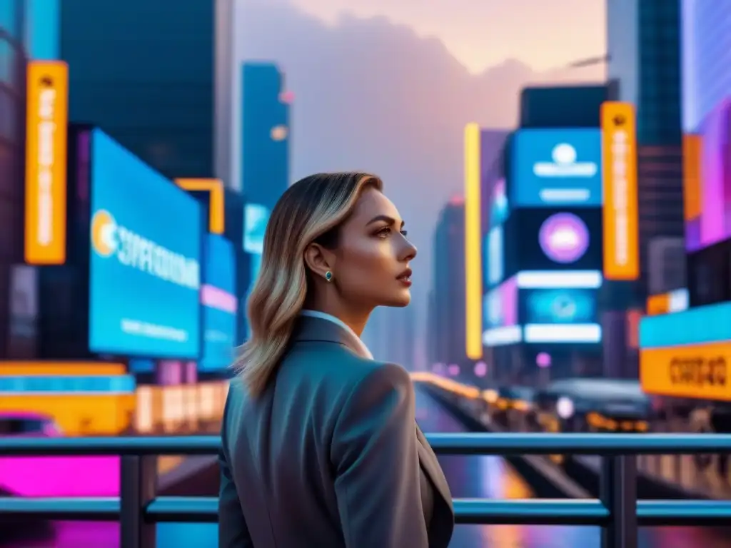 Metrópolis futurista: inversores admirados por la criptomoneda Una ciudad futurista de rascacielos iluminada por luces de neón y carteles digitales con logos de criptomonedas