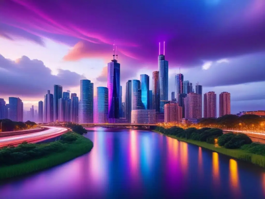 Metrópolis futurista: luces neón y tecnología en crepúsculo Una ciudad futurista al anochecer, con rascacielos iluminados por luces neón, reflejándose en un río