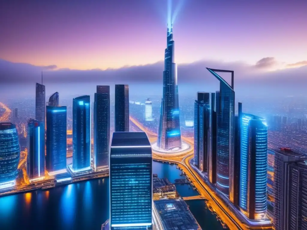 Metrópolis futurista: luces, innovación y oportunidades Una ciudad futurista con rascacielos iluminados y sistemas de transporte avanzados, reflejando salidas creativas inversiones ganancias