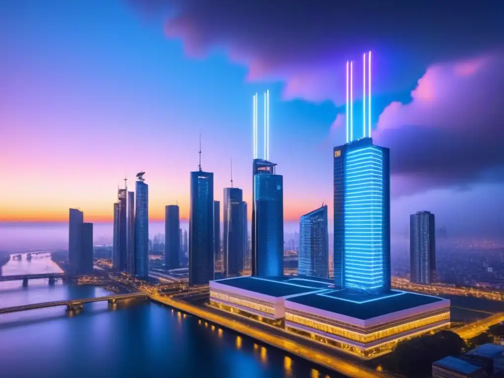 Metrópolis futurista: revolución blockchain en la gestión inmobiliaria Una ciudad futurista al anochecer con rascacielos iluminados por luces neón, mostrando una red blockchain sobre los edificios