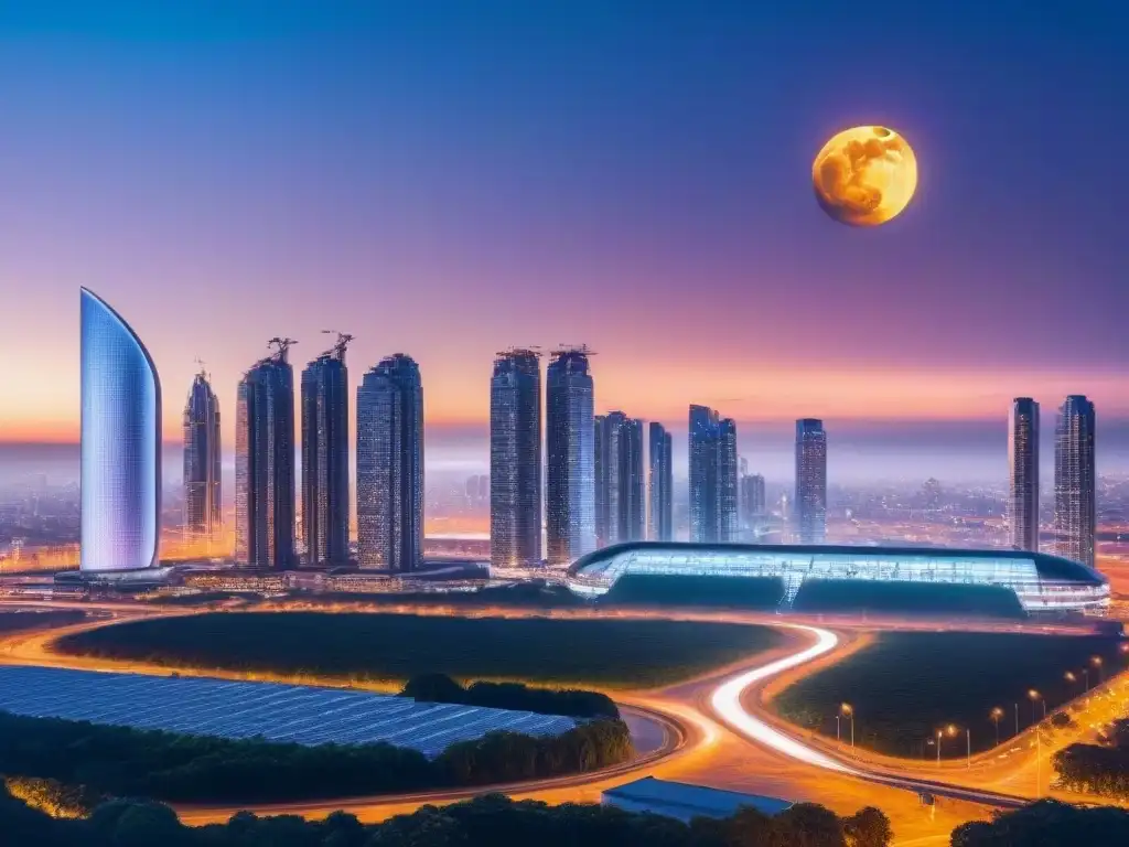 Ciudad futurista: gestión inmobiliaria AI en entorno high-tech Una ciudad futurista al anochecer con rascacielos iluminados, transportes avanzados y carteles digitales, bajo un cielo estrellado y una gran luna brillante