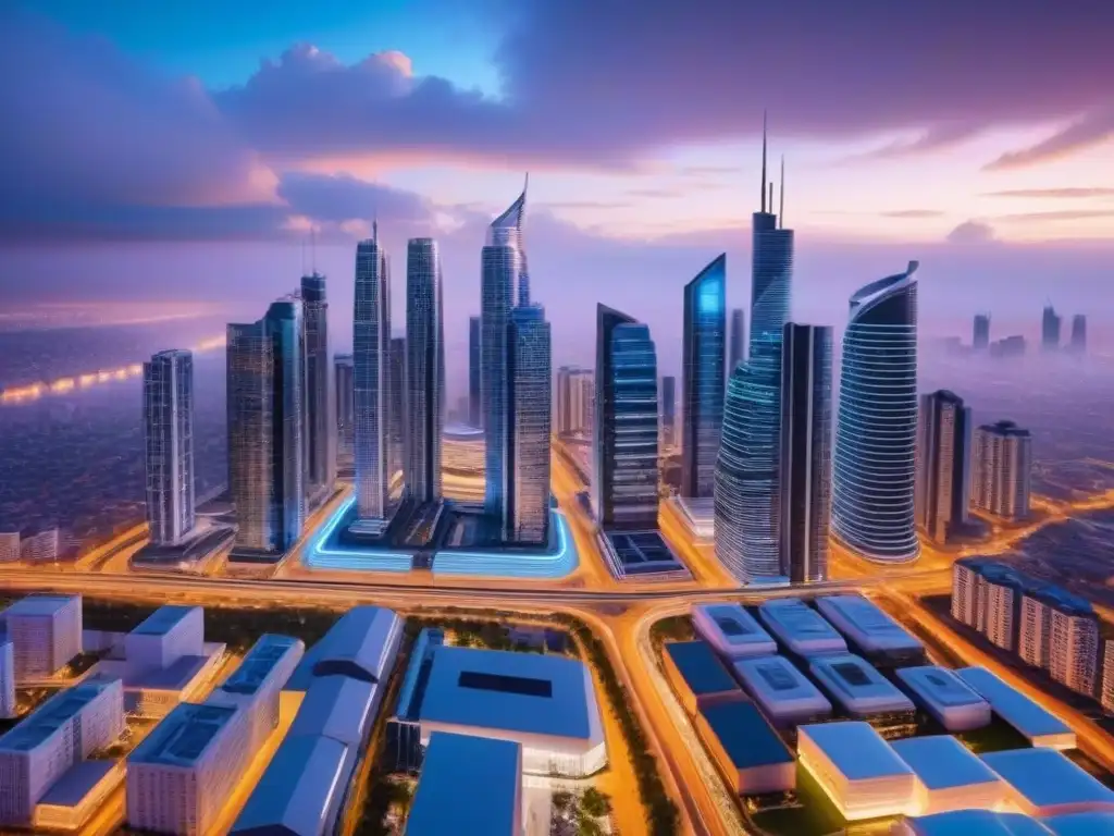 Cityscape futurista: rascacielos LED en la hora azul Ciudad futurista al anochecer con rascacielos iluminados por luces LED, mostrando la integración de la Inteligencia Artificial en mercado inmobiliario