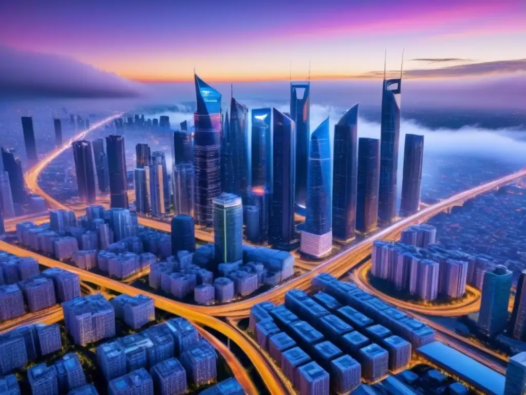 Metrópolis futurista: innovación y tecnología en el mercado inmobiliario Una ciudad futurista al anochecer, con rascacielos iluminados, autopistas llenas de vehículos autónomos y redes de datos brillantes