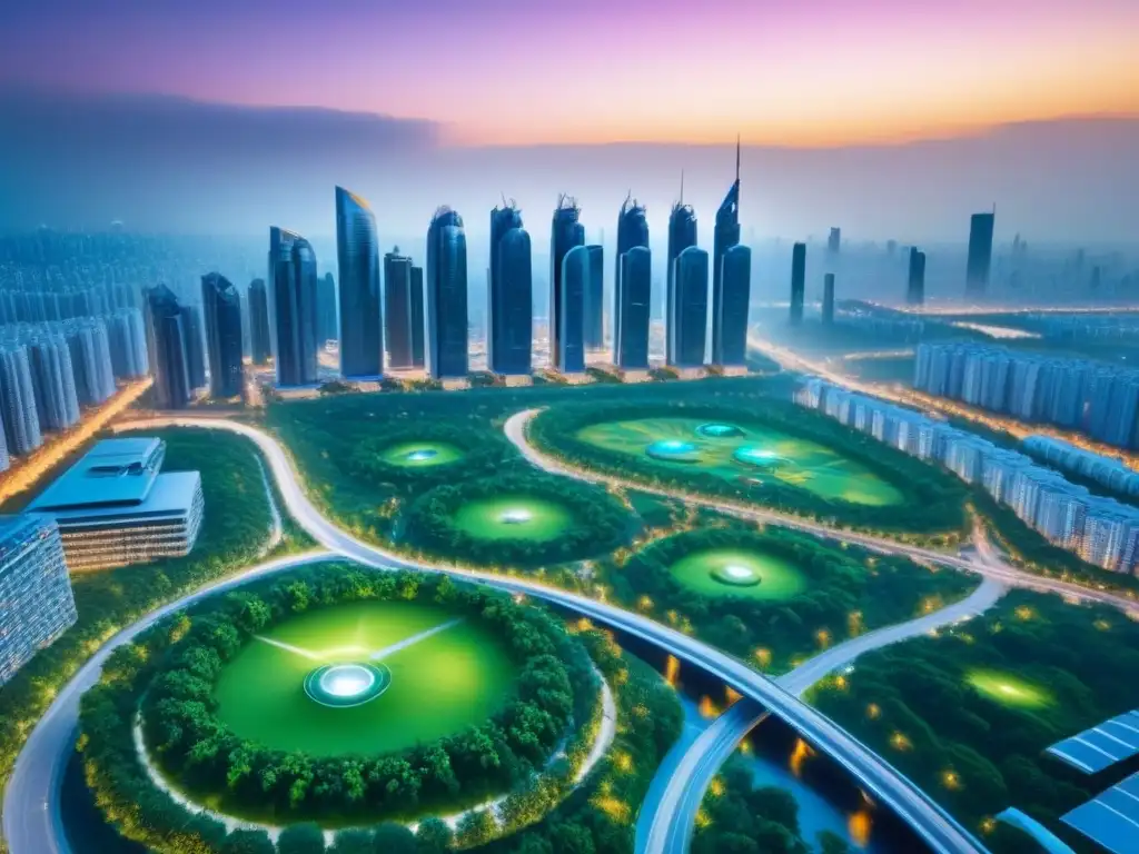 Metrópolis futurista: luces, tecnología y conexiones globales Una ciudad futurista con rascacielos iluminados por anuncios digitales, rodeados de parques verdes y sistemas de transporte avanzados, transmitiendo una atmósfera de innovación y conectividad global, ideal para estrategias publicidad bienes raíces internacional