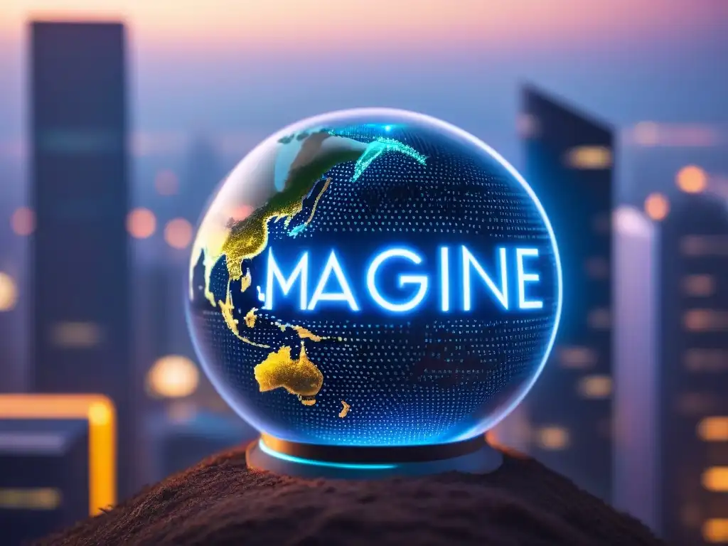Inversión inmobiliaria global del futuro con criptomonedas Una ciudad futurista al anochecer, con rascacielos iluminados por luces neón
