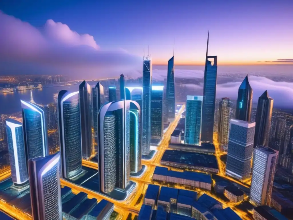 Una ciudad futurista con rascacielos iluminados y sistemas de transporte avanzados, simbolizando la Inversión global Crowdfunding inmobiliario