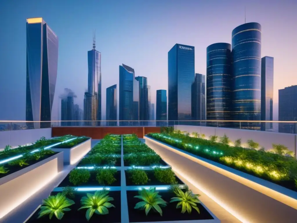 Una ciudad futurista al anochecer con rascacielos iluminados y jardines en azoteas