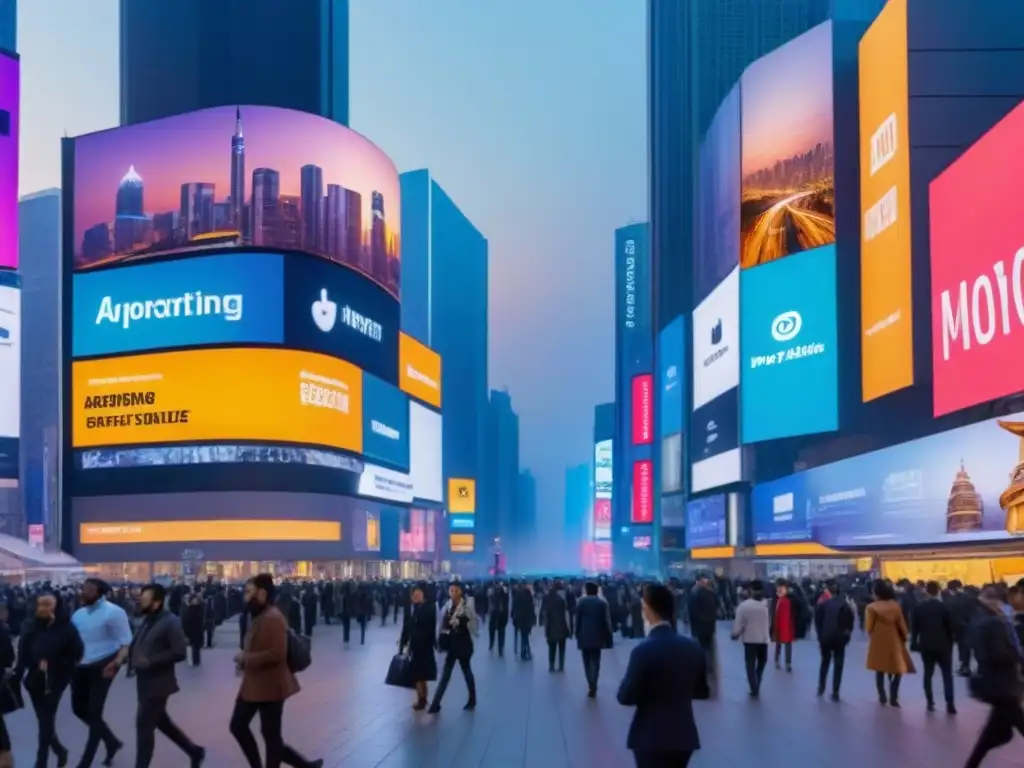 Metrópolis futurista: publicidad digital en bienes raíces y viajes Una ciudad futurista al anochecer con rascacielos iluminados y vallas publicitarias digitales vibrantes
