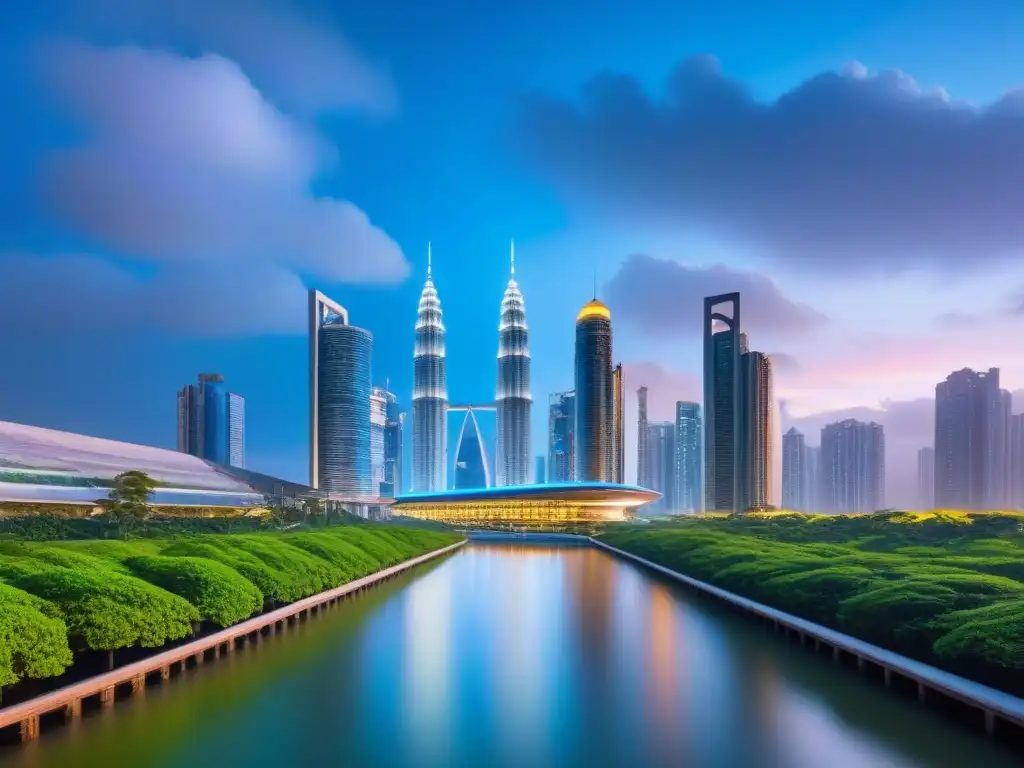 Metrópolis futurista: luces neón en rascacielos junto a la naturaleza Una ciudad futurista con rascacielos iluminados por luces neón, reflejándose en el agua, uniendo urbanismo y naturaleza
