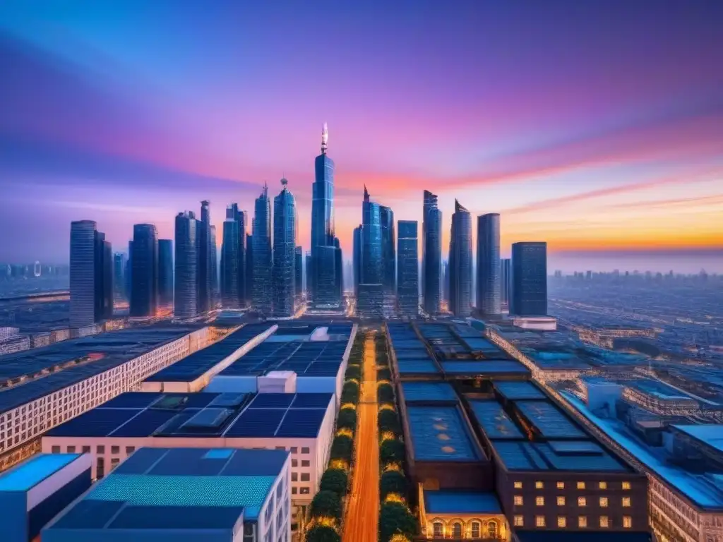 Inversión inmobiliaria del futuro: Ciudad futurista al anochecer Una ciudad futurista al anochecer con rascacielos iluminados, sistemas de transporte avanzados y vallas publicitarias digitales