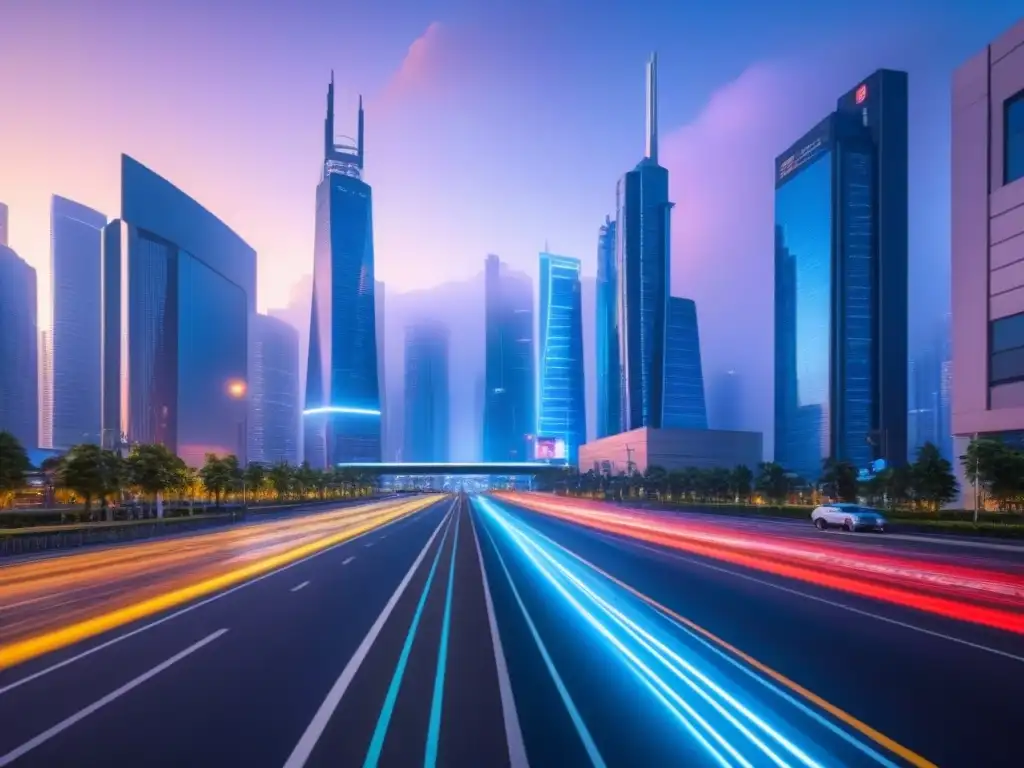 Una ciudad futurista al anochecer, con rascacielos iluminados con luces de neón y pantallas holográficas