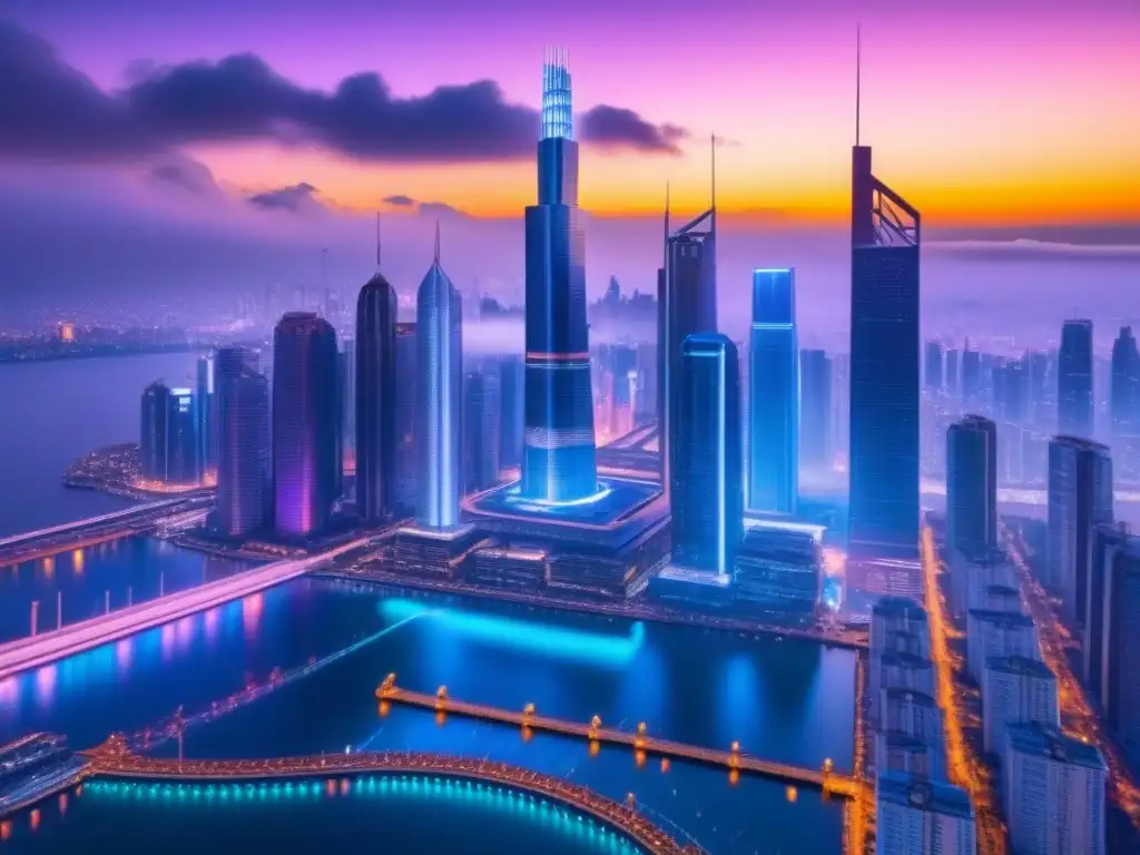 Metrópolis futurista: criptomonedas y rascacielos en atardecer vibrante Una ciudad futurista con rascacielos iluminados por luces de neón y gráficos financieros, bajo un atardecer vibrante