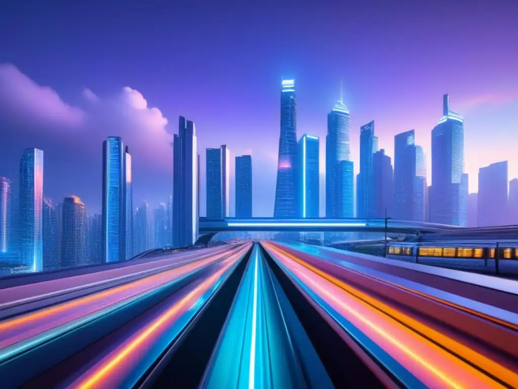 Una ciudad futurista al anochecer con rascacielos iluminados, monorraíles y pantallas holográficas de datos financieros