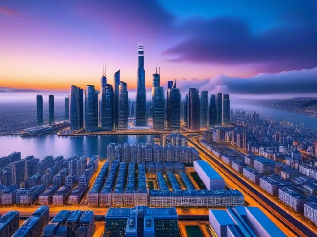 Skyline futurista: arquitectura y tecnología de vanguardia Una ciudad futurista al anochecer con rascacielos iluminados y transportes avanzados