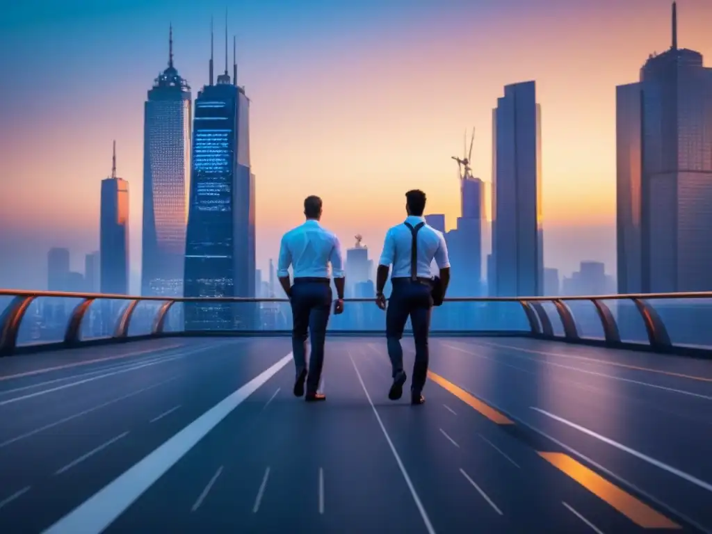 Metrópolis futurista al atardecer: símbolo de crecimiento económico y dinámica inmobiliaria Una ciudad futurista al anochecer, con rascacielos iluminados reflejando la puesta de sol