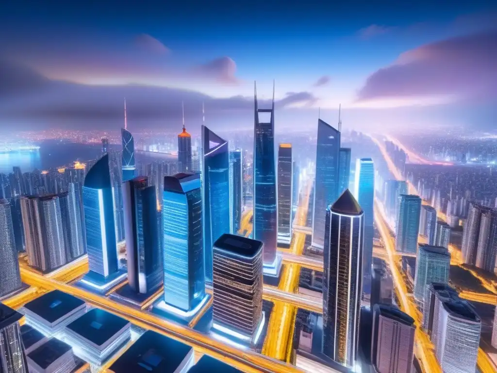Metrópolis futurista: inversión global en bienes raíces Una ciudad futurista con rascacielos iluminados y sistemas de transporte avanzados, proyectando datos globales en tiempo real