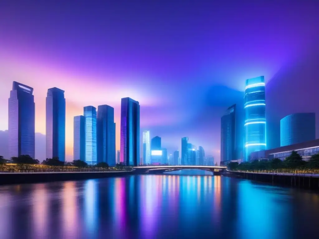 Ciudad futurista: luces neón y autos voladores Una ciudad futurista al anochecer, con rascacielos iluminados y tecnología en fusiones inmobiliarias internacionales