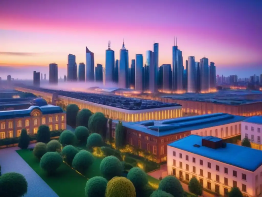 Metrópolis futurista: diversidad y vitalidad en un atardecer vibrante Una ciudad futurista con rascacielos iluminados y personas mayores disfrutando de diversas actividades